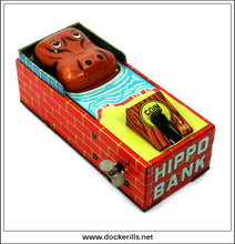 Yoneya Yone Hippo Bank. Vintage Tin Plate Clockwork / Wind-Up Novelty Money Box / Money Bank, Japan 2.