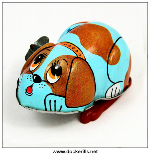 Vintage Tinplate Hopping Blue Dog Toy. Clockwork / Wind-Up Novelty Toy, Yoneya, Japan.