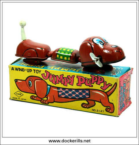 Jumpy Puppy  2147 Vintage Tin Plate Clockwork / Wind-Up Novelty Toy, Yoneya, Yone Japan 1.