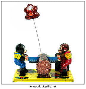 Logcutter With Swinging Monkey, Vintage Tin Plate Clockwork / Wind
