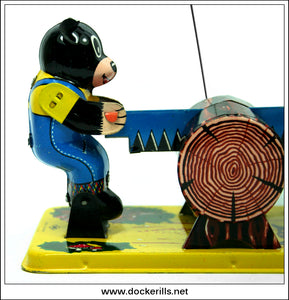 1960年代 米屋YONE スイング動物 Logcutter With Swinging Monkey, Vintage Tin Plate Clockwork / Wind
