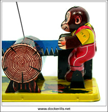 Logcutter With Swinging Monkey, Vintage Tin Plate Clockwork / Wind-Up Novelty Toy, Yoneya, Yone Japan 4.