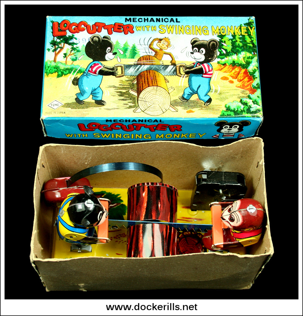 Logcutter With Swinging Monkey, Vintage Tin Plate Clockwork / Wind