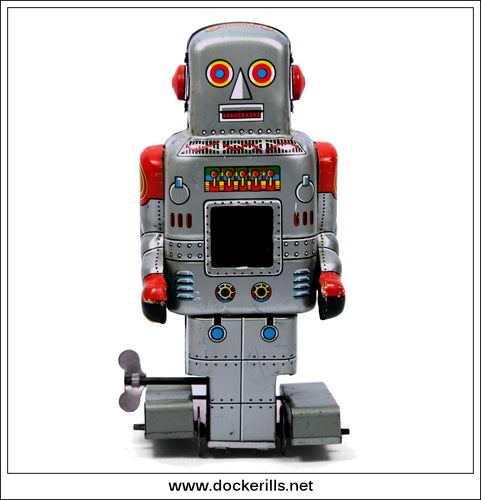 Robot With Spark, Yoneya, Japan. Vintage Tin Plate Clockwork Paddle Foot Sparking Robot 1.