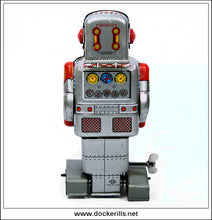 Robot With Spark, Yoneya, Japan. Vintage Tin Plate Clockwork Paddle Foot Sparking Robot 2.
