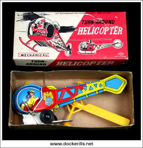 Turn-Around Helicopter, Vintage Tin Plate Clockwork / Wind-Up Novelty Toy, Yoneya, Yone Japan.