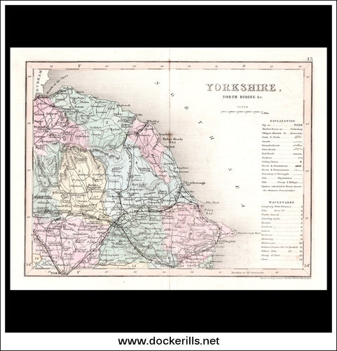 Map Of Yorkshire - North Riding & c., England. Antique Print, Steel Engraving c. 1846.