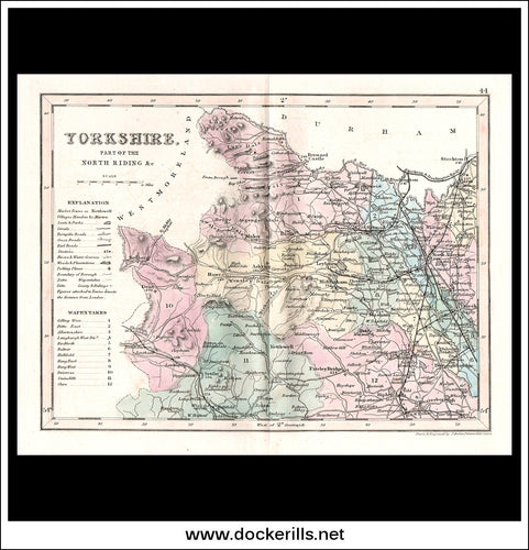 Map Of Yorkshire - Part Of North Riding & c, England. Antique Print, Steel Engraving c. 1846.