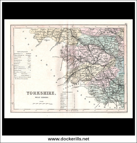 Map Of Yorkshire - West Riding, England. Antique Print, Steel Engraving c. 1846.