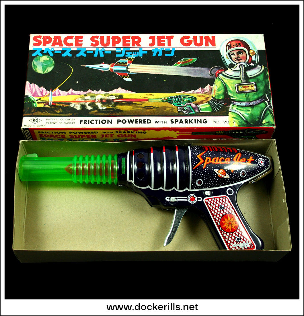 Space Super Jet Gun. Vintage Tin Plate Toy Space Ray Gun, Yoshiya, Japan.