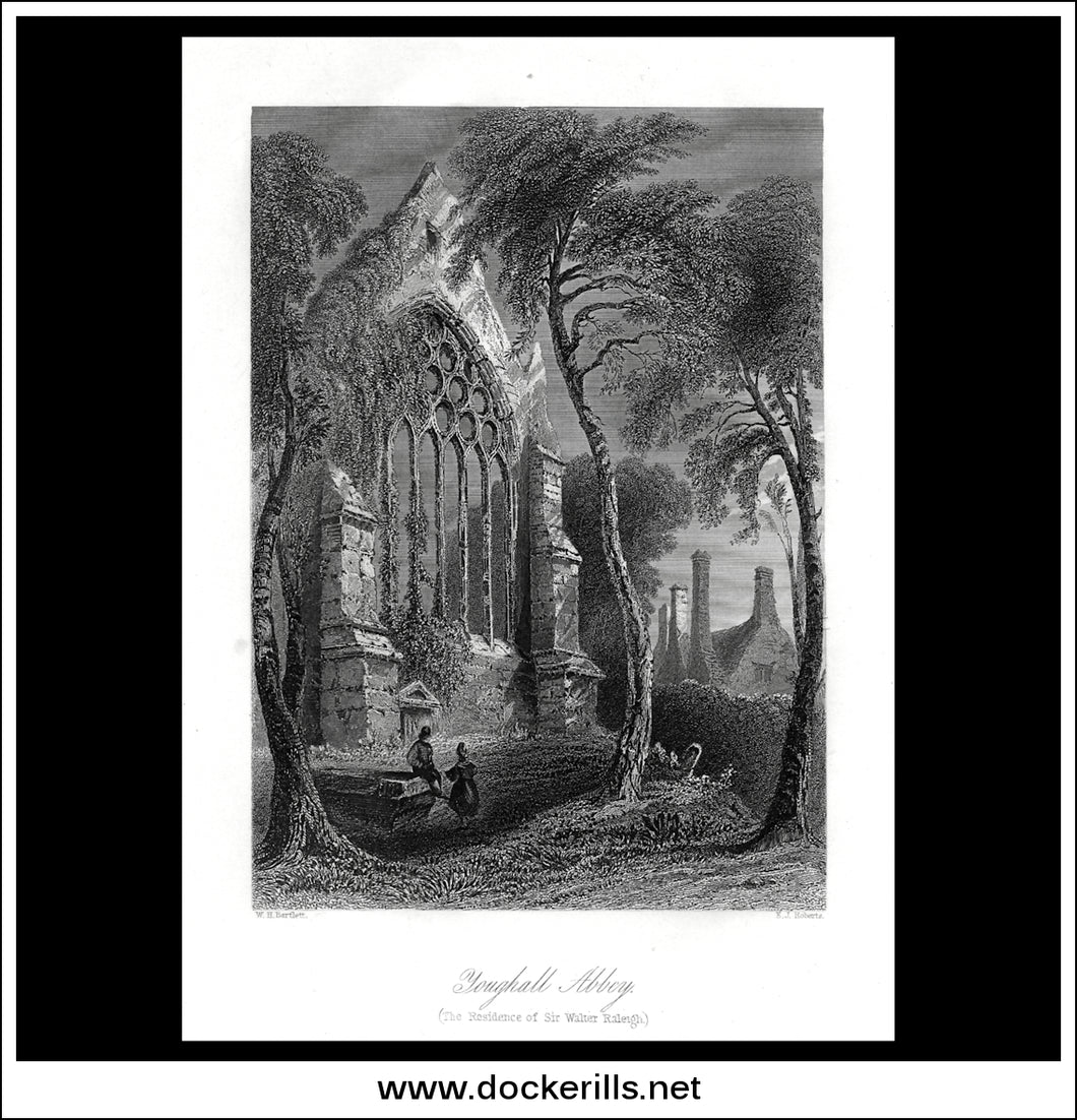 Youghall Abbey (Residence Of Sir Walter Raleigh), Co. Cork, Ireland. Antique Print, Steel Engraving c. 1840.