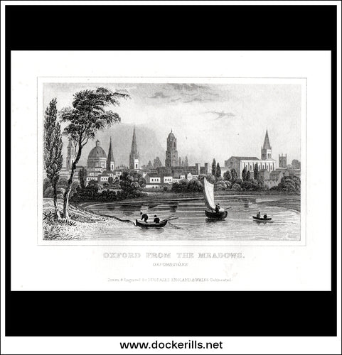 Oxford From The Meadows, Oxfordshire, England. Antique Print, Steel Engraving c. 1846.